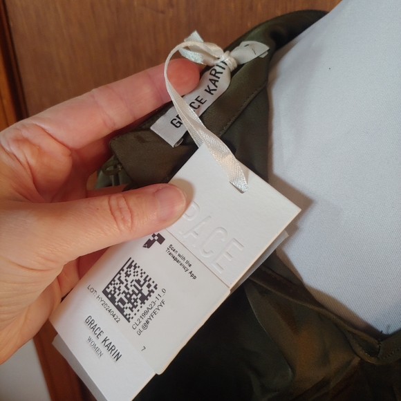 NWT Grace Karin Olive Green Satin Silk Twist Mock Long Sleeve Blouse Shirt L - Picture 8 of 11